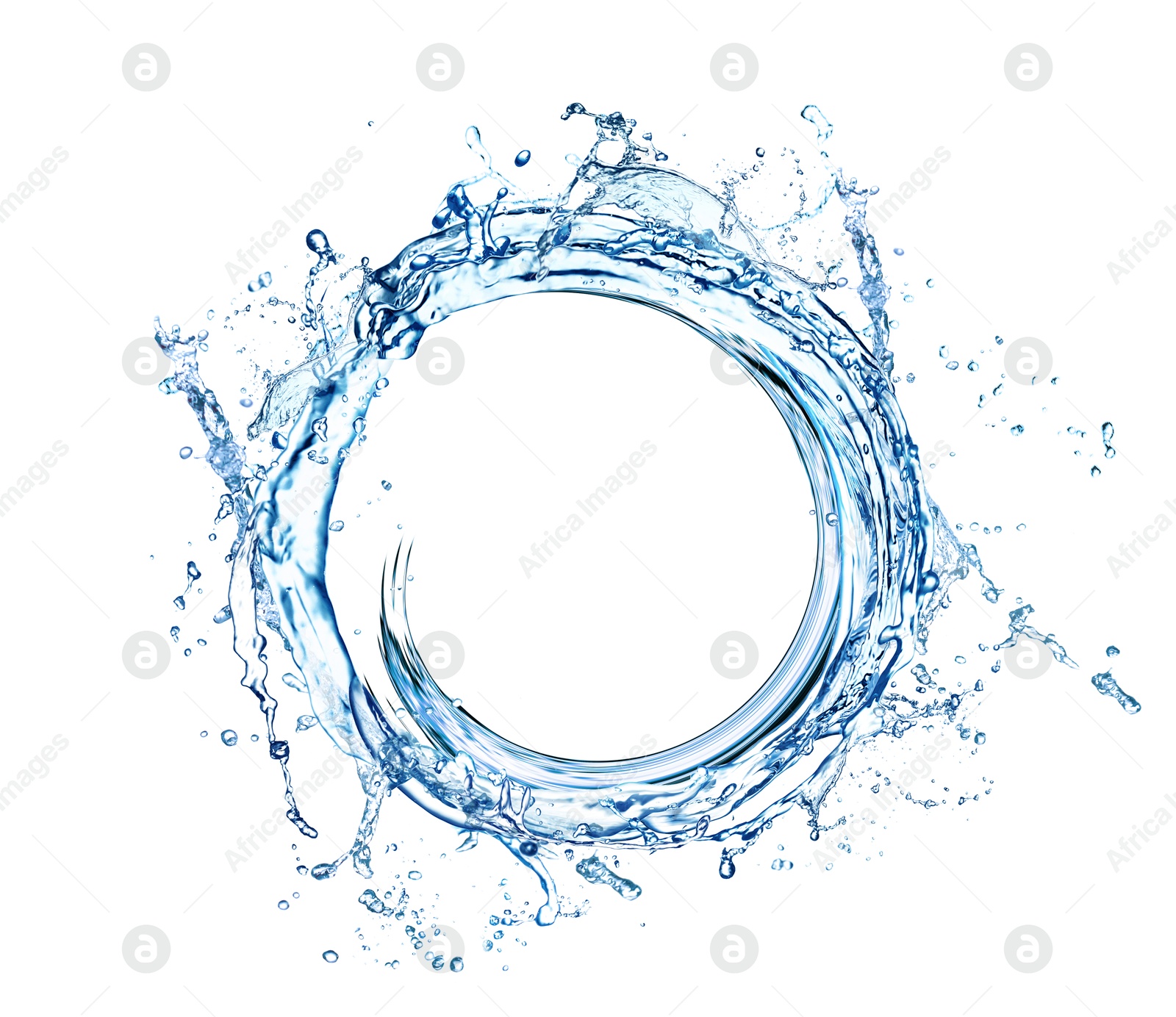 Image of Water forming whirlpool on white background. Whirling fluid