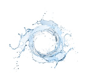 Image of Water forming whirlpool on white background. Whirling fluid