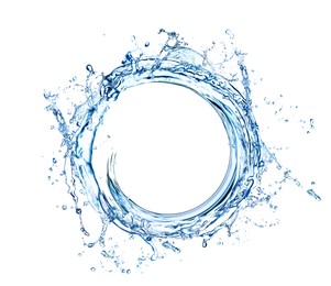 Image of Water forming whirlpool on white background. Whirling fluid