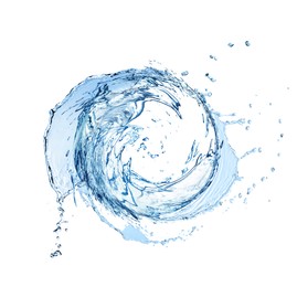 Image of Water forming whirlpool on white background. Whirling fluid