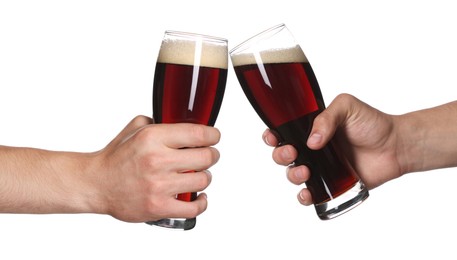Image of Men clinking their glasses of beer together against white background