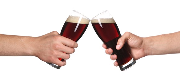Image of Men clinking their glasses of beer together against white background