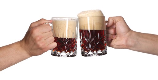Image of Men clinking their glasses of beer together against white background