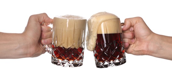 Image of Men clinking their glasses of beer together against white background