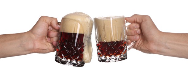 Image of Men clinking their glasses of beer together against white background