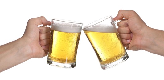 Image of Men clinking their glasses of beer together against white background