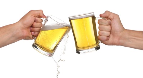 Image of Men clinking their glasses of beer together against white background