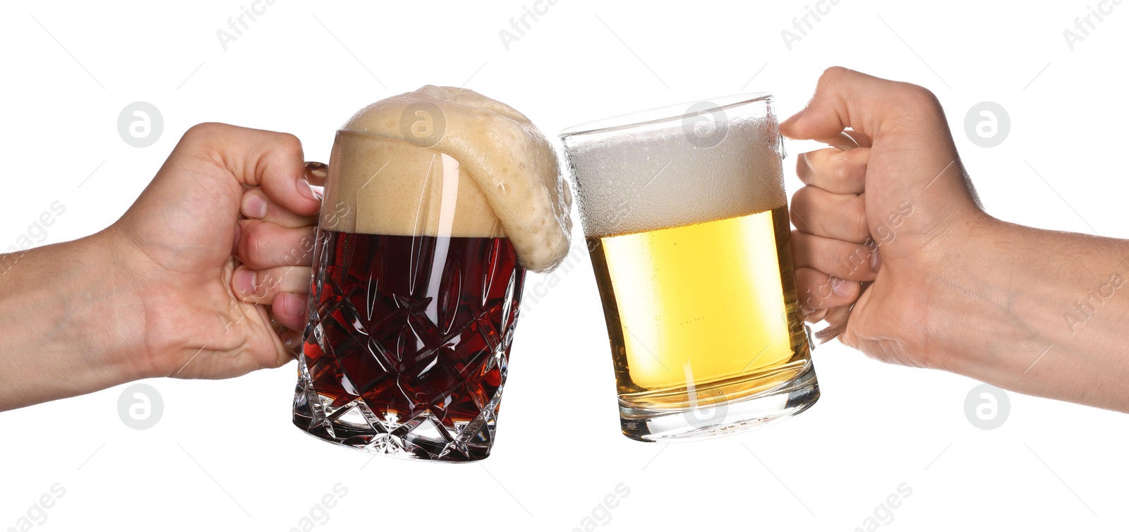 Men clinking their glasses of beer together against white background Image of Men clinking their glasses of beer together against white background