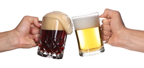 Image of Men clinking their glasses of beer together against white background