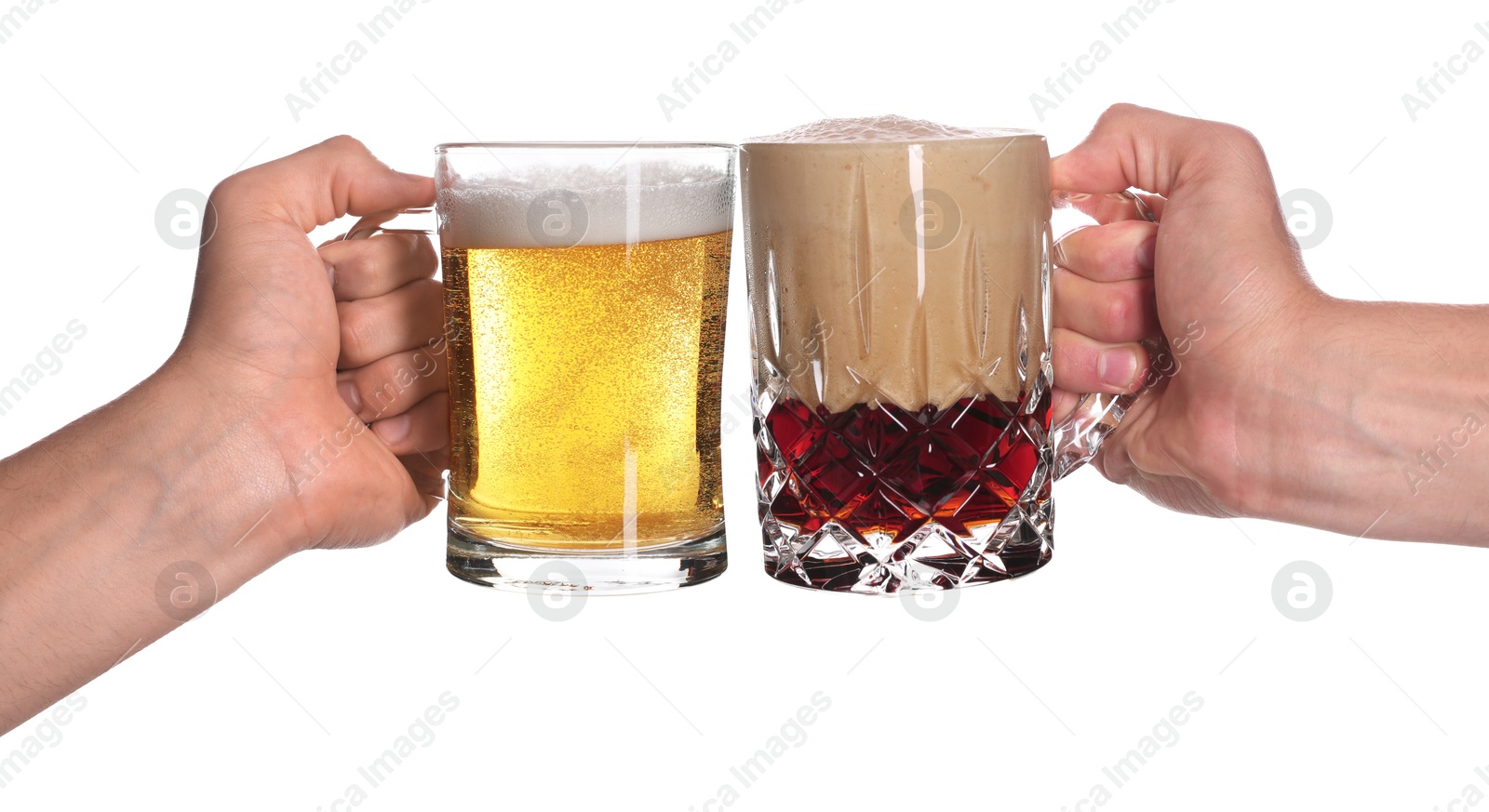 Men clinking their glasses of beer together against white background Image of Men clinking their glasses of beer together against white background