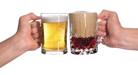 Image of Men clinking their glasses of beer together against white background