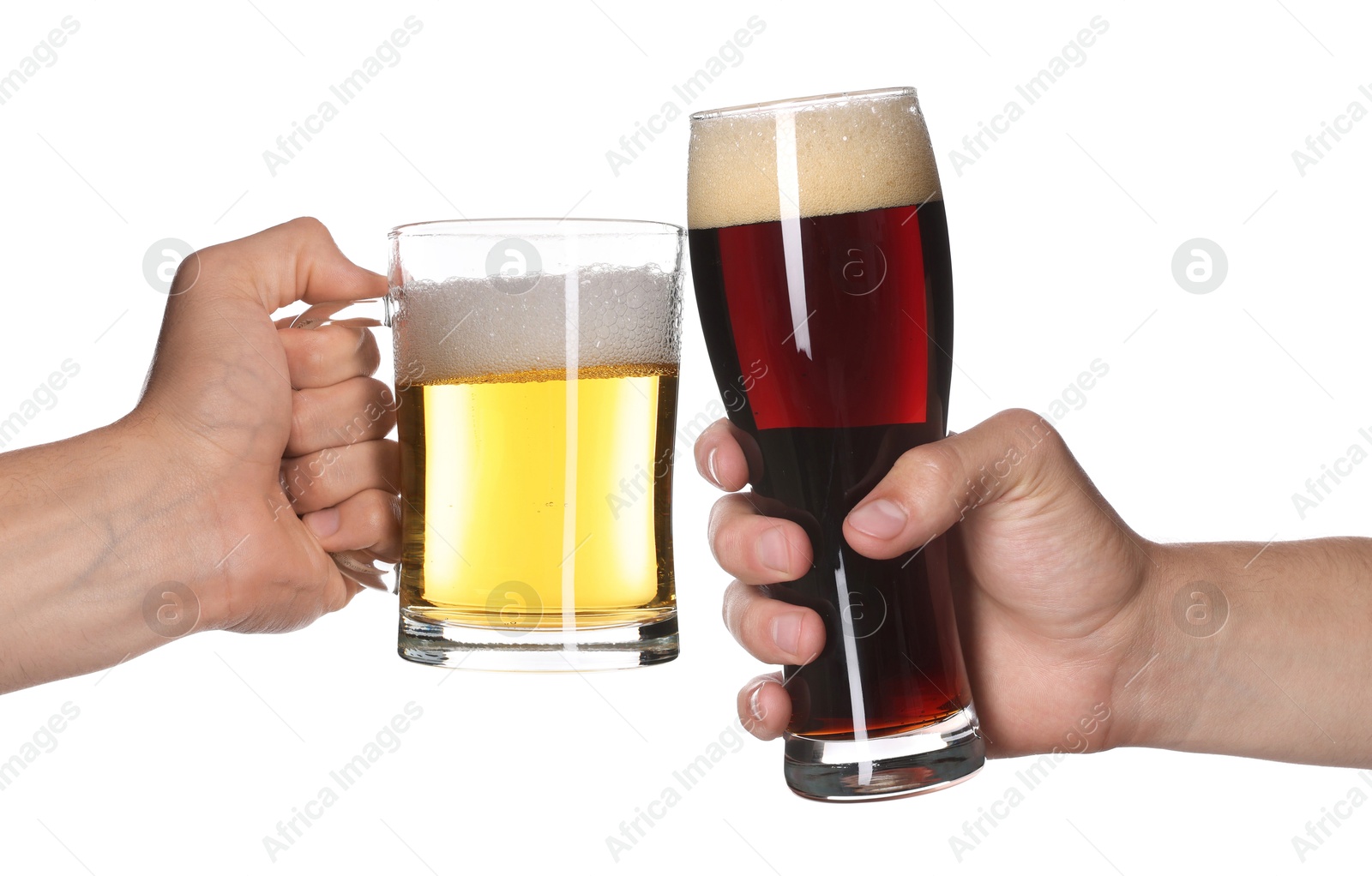Men clinking their glasses of beer together against white background Image of Men clinking their glasses of beer together against white background