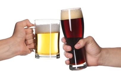Image of Men clinking their glasses of beer together against white background