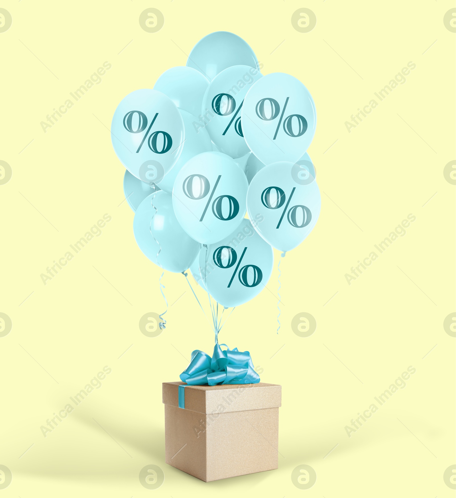 Light blue balloons with percent signs and gift box on beige background. Hot sale, special offer Image of Light blue balloons with percent signs and gift box on beige background. Hot sale, special offer