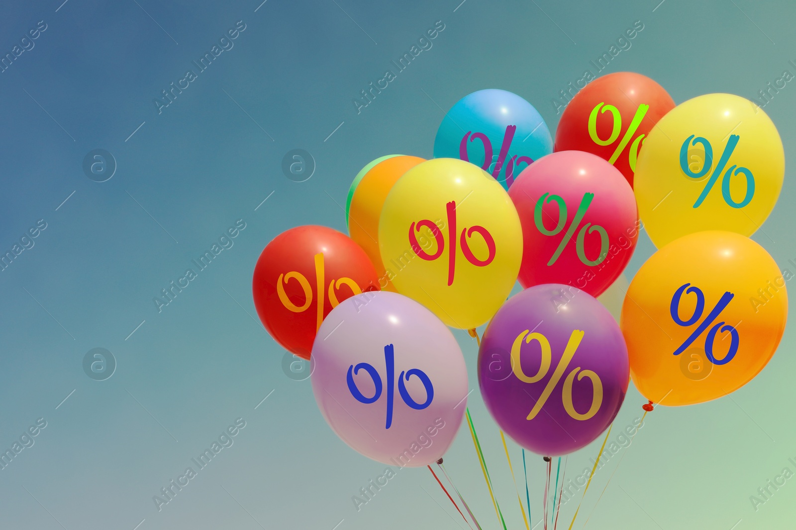 Colorful balloons with percent signs against sky. Hot sale, special offer Image of Colorful balloons with percent signs against sky. Hot sale, special offer