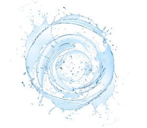 Image of Water forming whirlpool on white background. Whirling fluid