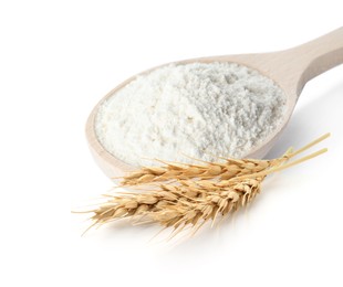 Image of Wheat flour in spoon and spikelets on white background