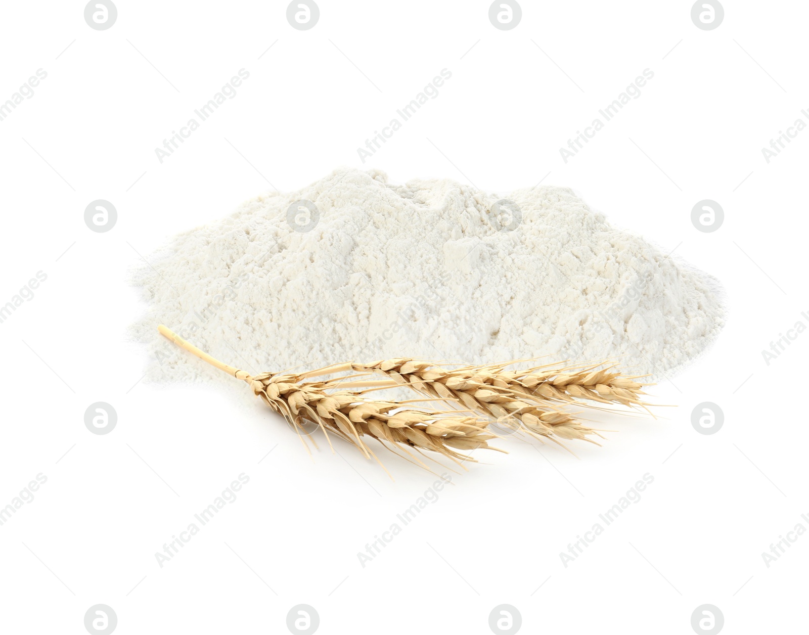 Image of Wheat flour and spikelets on white background