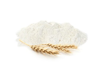 Image of Wheat flour and spikelets on white background
