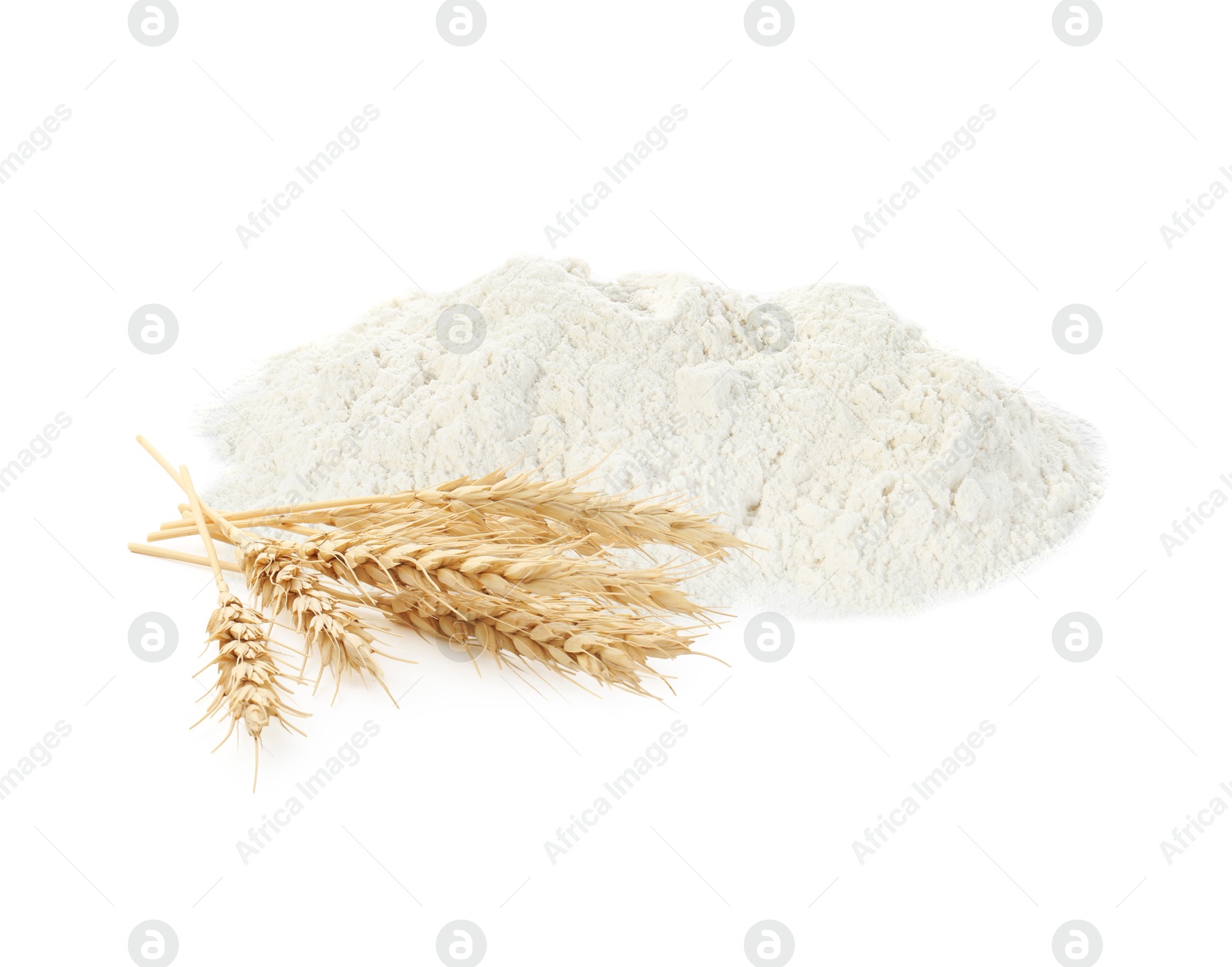 Image of Wheat flour and spikelets on white background