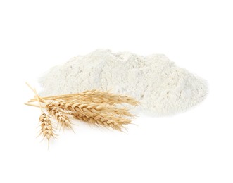 Image of Wheat flour and spikelets on white background