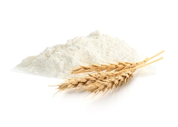 Image of Wheat flour and spikelets on white background