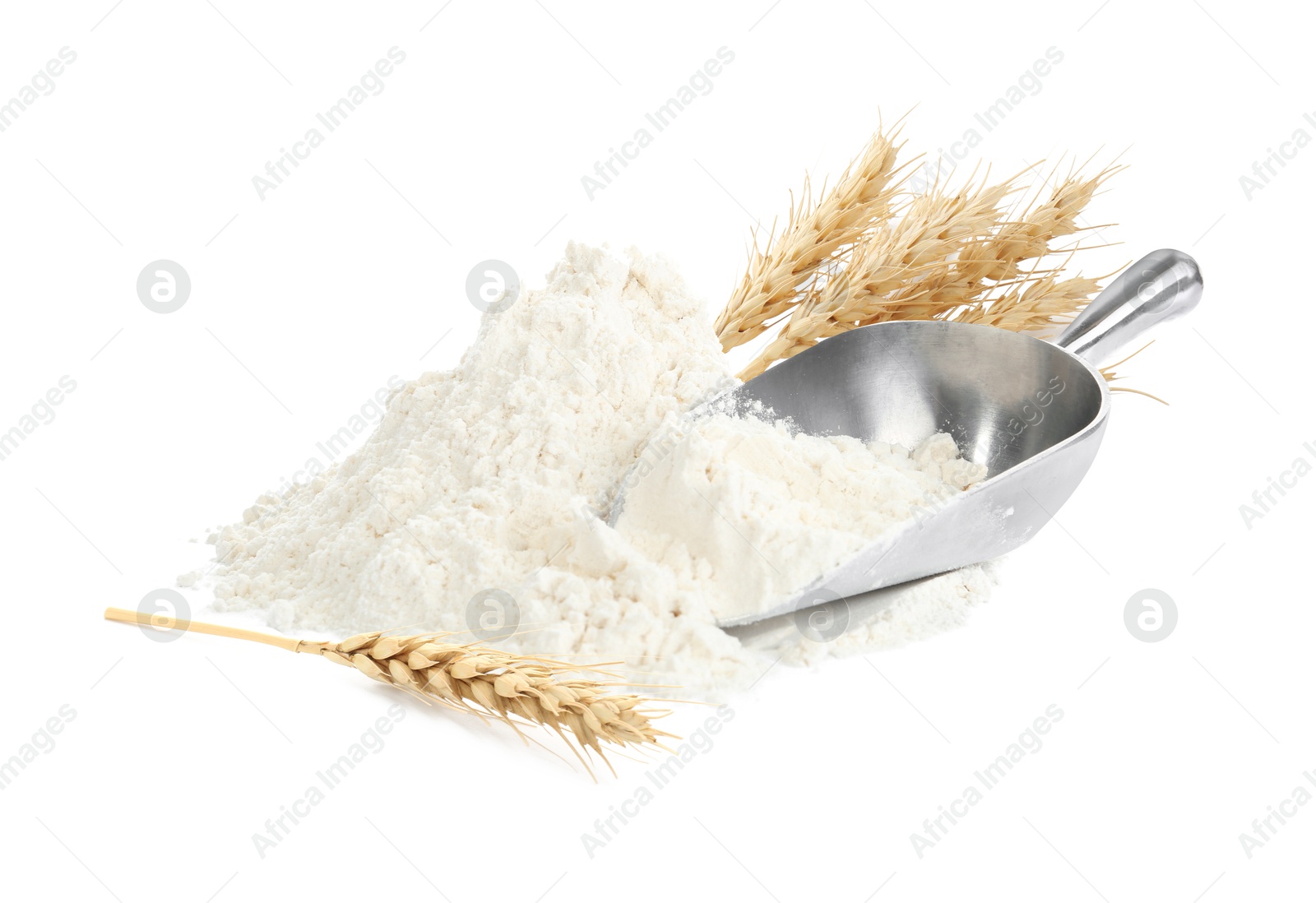 Image of Wheat flour, scoop and spikelets on white background