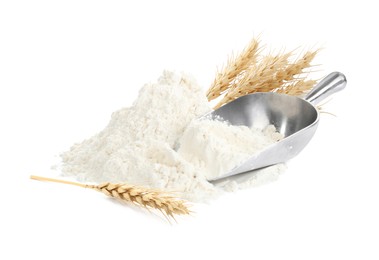 Image of Wheat flour, scoop and spikelets on white background
