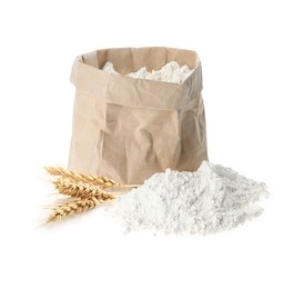Image of Wheat flour and spikelets on white background