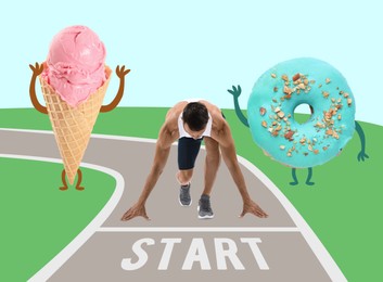Image of Sportsman in starting position for run. Doughnut and ice cream near running track. Healthy lifestyle creative poster