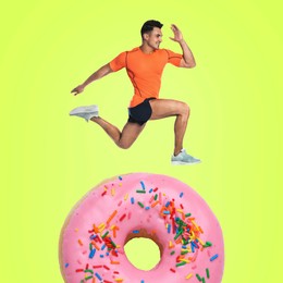 Image of Sportsman running above doughnut against yellow background, creative collage. Healthy lifestyle