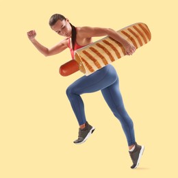 Image of Fit woman with big French hot dog running against dark beige background, creative collage. Healthy lifestyle