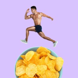 Image of Sportsman running above bowl of chips against light violet background, creative collage. Healthy lifestyle