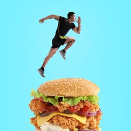 Image of Sportsman running above big burger against light blue background, creative collage. Poster for healthy lifestyle