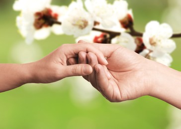 Image of Man and woman holding hands against blooming tree branch, closeup