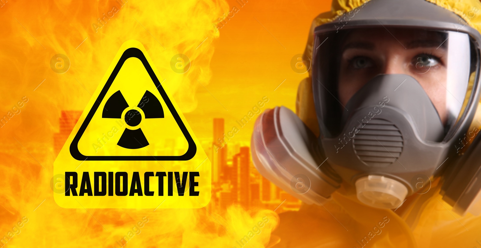 Radioactive hazard. Woman in hazmat suit and gas mask against polluted city. Warning sign in smoke Image of Radioactive hazard. Woman in hazmat suit and gas mask against polluted city. Warning sign in smoke
