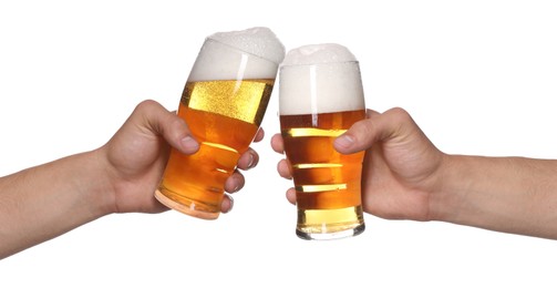 Image of Men clinking their glasses of beer together against white background