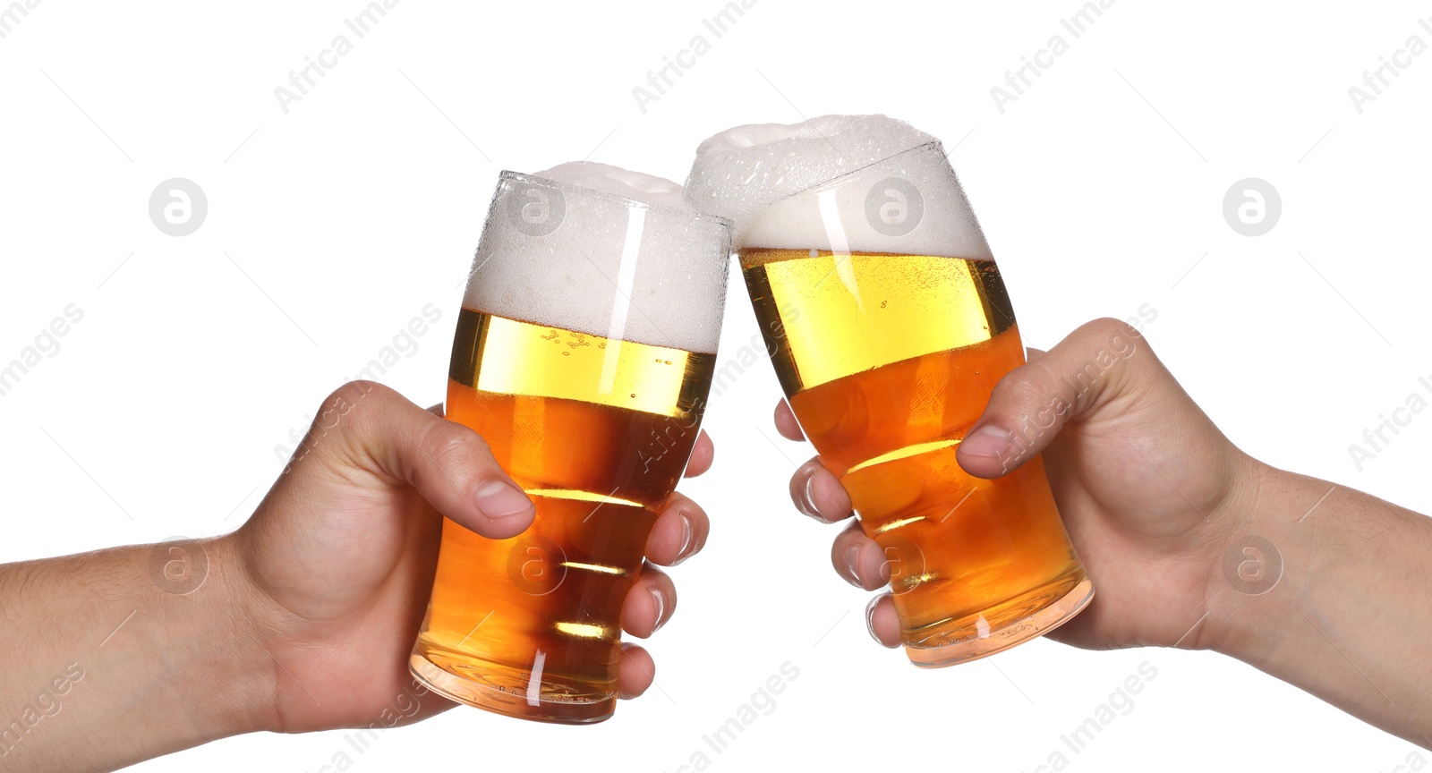 Men clinking their glasses of beer together against white background Image of Men clinking their glasses of beer together against white background