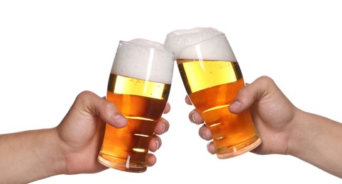 Image of Men clinking their glasses of beer together against white background