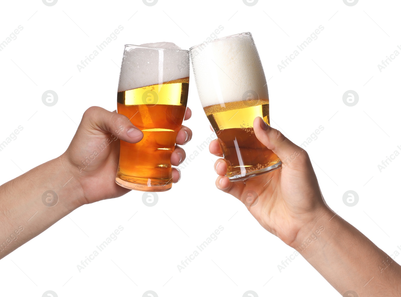 Men clinking their glasses of beer together against white background Image of Men clinking their glasses of beer together against white background