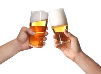 Image of Men clinking their glasses of beer together against white background