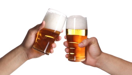 Image of Men clinking their glasses of beer together against white background