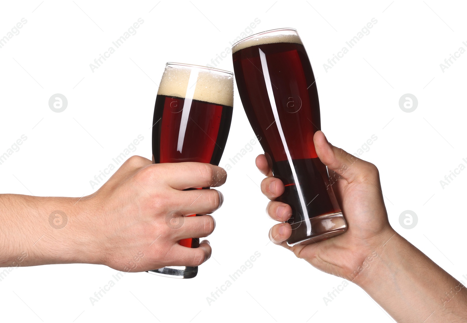 Men clinking their glasses of beer together against white background Image of Men clinking their glasses of beer together against white background