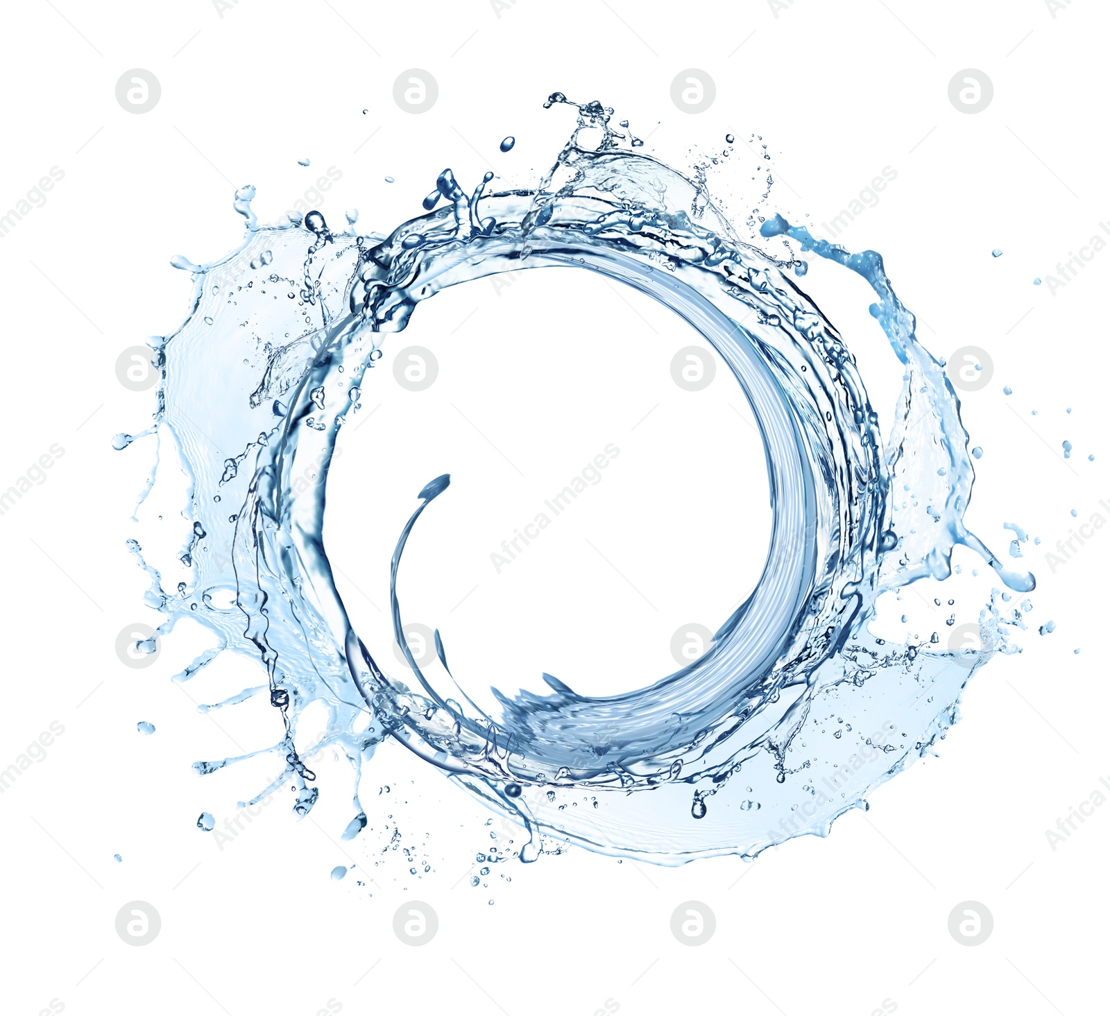 Image of Water forming whirlpool on white background. Whirling fluid