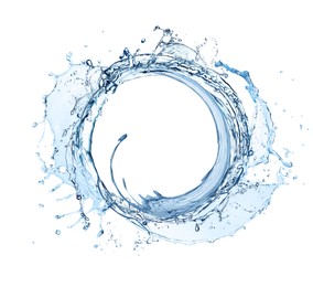 Image of Water forming whirlpool on white background. Whirling fluid