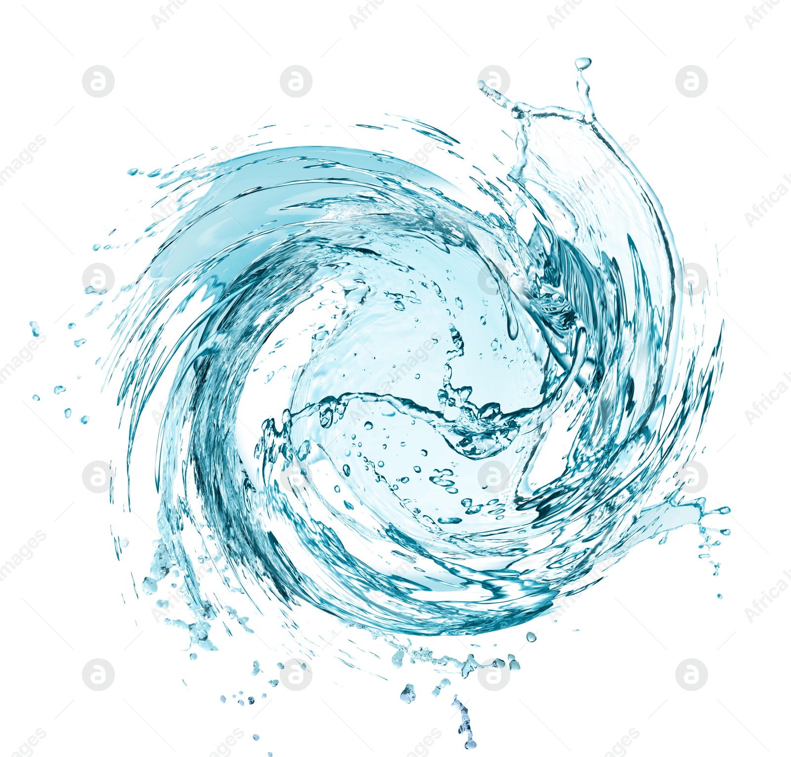 Image of Water forming whirlpool on white background. Whirling fluid
