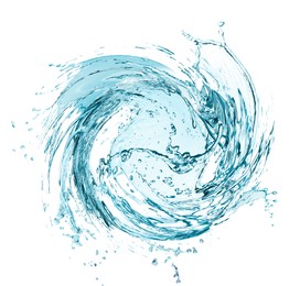 Image of Water forming whirlpool on white background. Whirling fluid