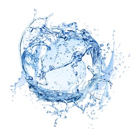 Image of Water forming whirlpool on white background. Whirling fluid