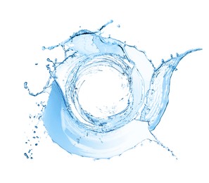 Image of Water forming whirlpool on white background. Whirling fluid