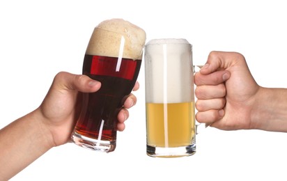 Image of Men clinking their glasses of beer together against white background